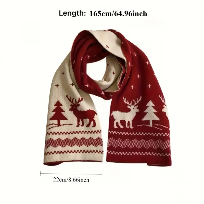 Women’s Elegant Winter Scarf – Double-Sided Red & White Scandinavian Reindeer Print, Soft Polyester-Viscose Blend