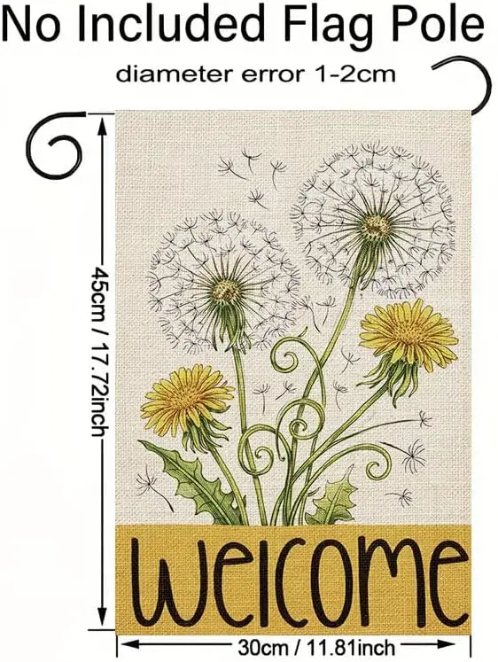 12x18 Inch Garden Flag, Welcome Spring Dandelion Blooms with Fluff, Yellow Flowers Outdoor Yard Decor, Fresh Home Porch Sign IIC