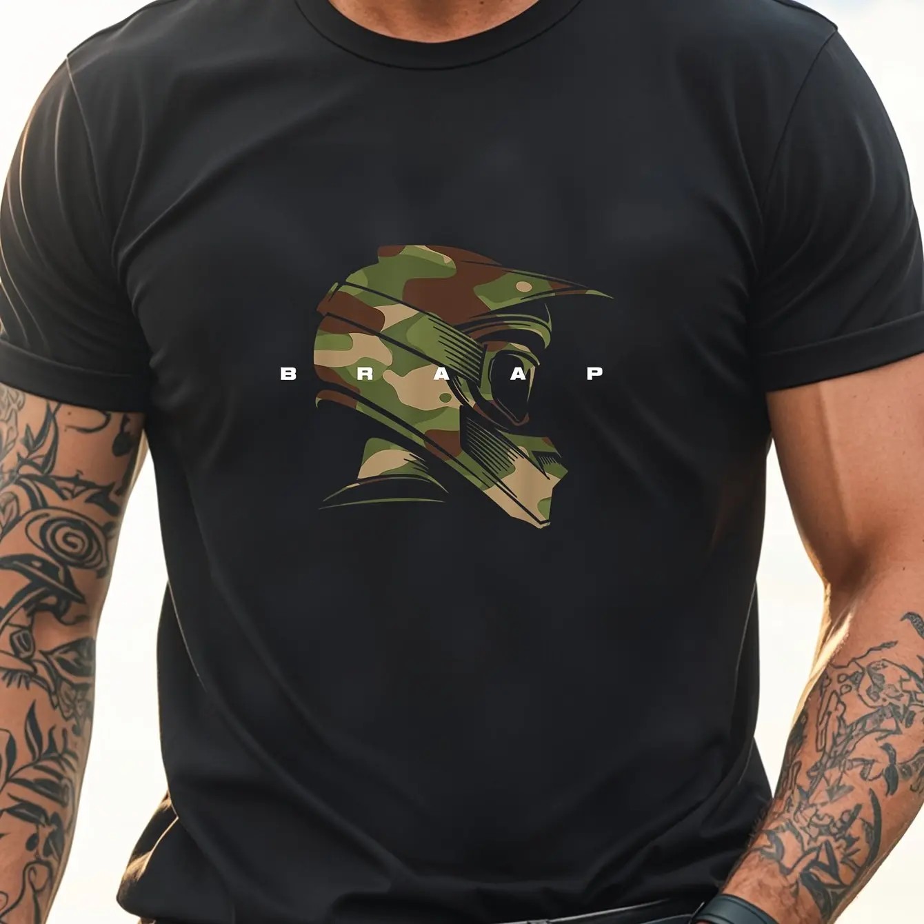 

Men's 100% Cotton Motocross T-Shirt - Camouflage Helmet Pattern Light Breathable Crew Neck Short Sleeve