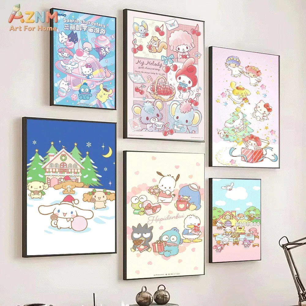 AZNM Sanrio Characters Canvas Wall Art Cute Space Planet Jelly Cartoon Poster Print Kawaii Kids Room Decor Unframed Canvas Paint