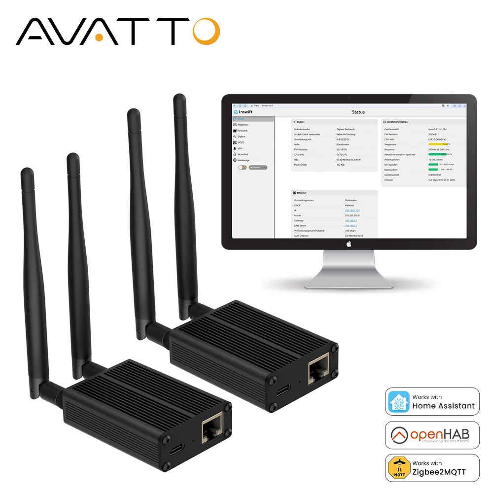

Координатор шлюза AVATTO ZigBee 3.0 к Ethernet, USB и WiFi, работает с Zigbee2MQTT, ZHA, домашним помощником, OpenHAB