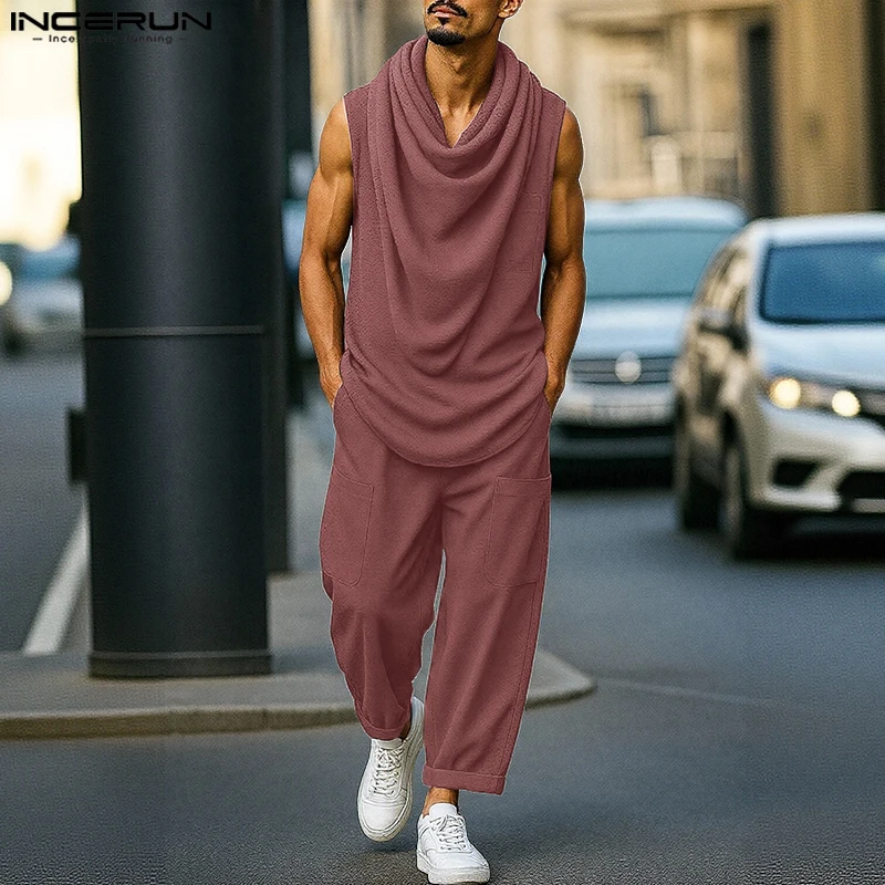 

Men Sets Solid Color Turtleneck Sleeveless Vests & Pants Two Pieces Sets Streetwear Summer 2025 Vintage Men Casual Suits INCERUN