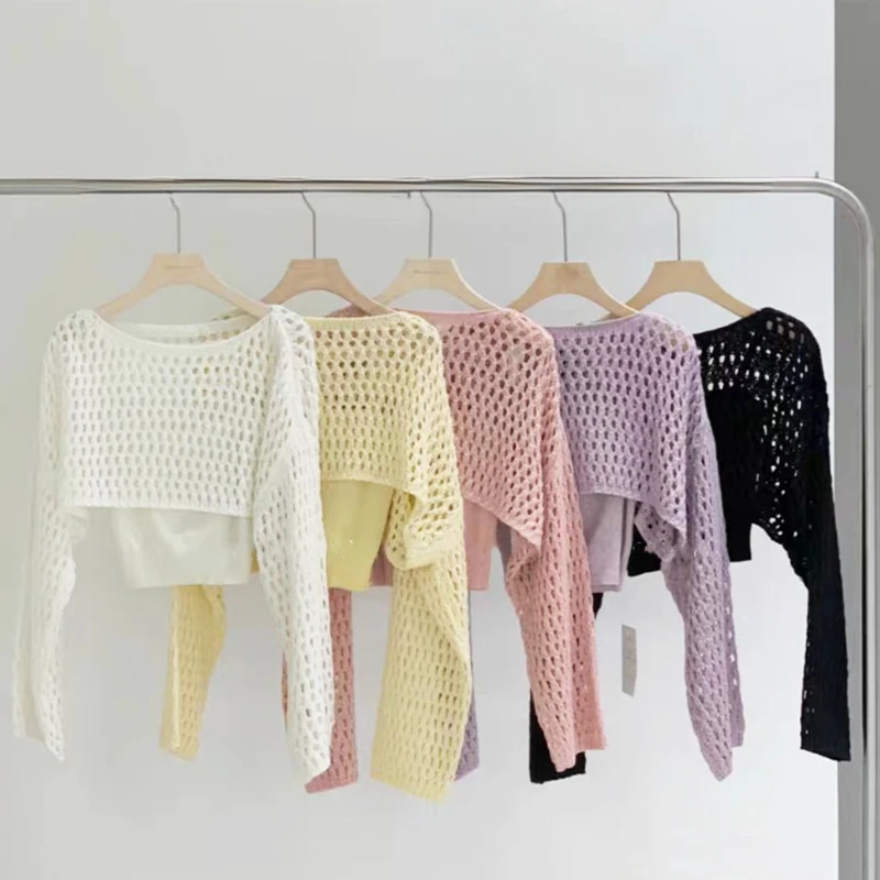 

Pointelle Knit Crop Top Lightweight Sweater See-Through Long Sleeve Pullovers for Women Teengirl Summer Cover Up 90s Y2K Outfit