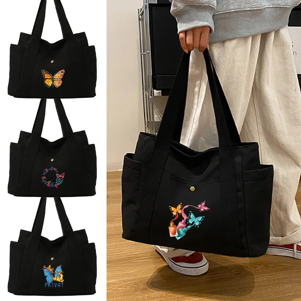 

Стильная холщовая сумка на одно плечо, боковой карман для бутылки с водой, сумка для покупок с узором бабочки, большая вместительная сумка для хранения на работу