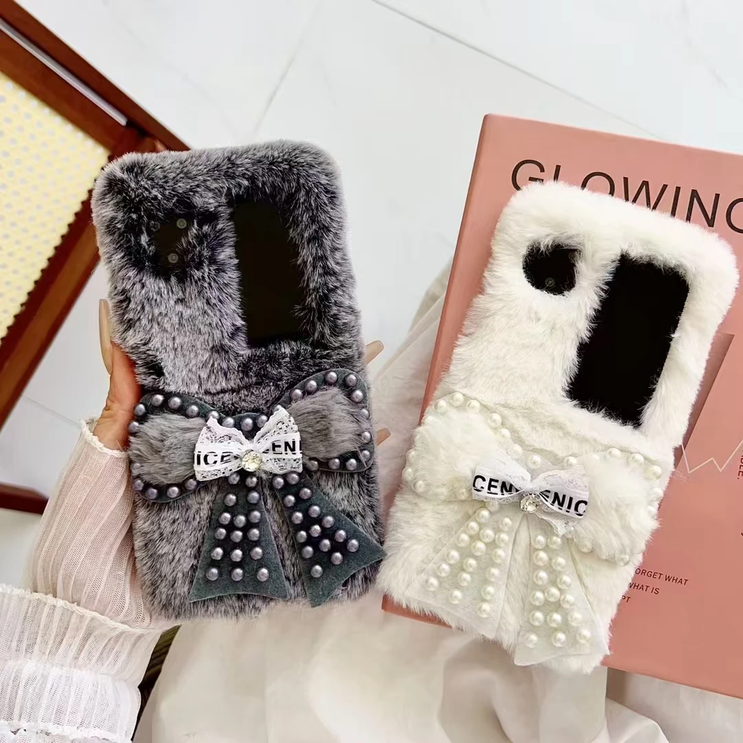 Unique Fashion Cute Pearl Bow Soft Fur Puff Phone Case Cover For Oppo Find N2 N3 Flip