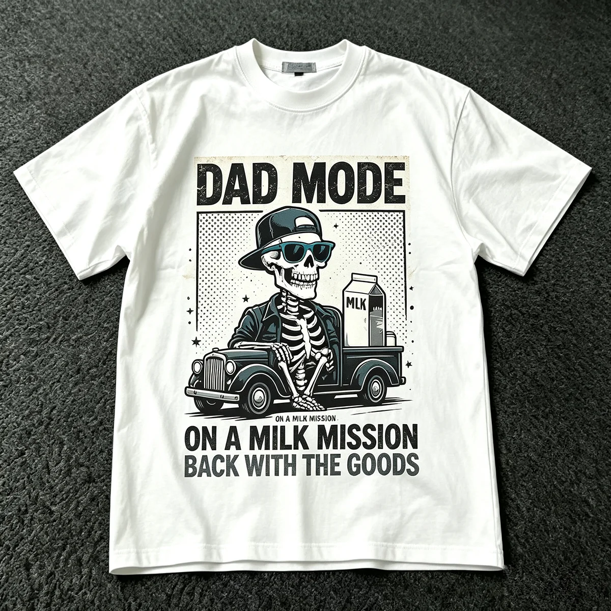 Dad Mode On A Milk Mission Back With The Goods Funny Skeleton Dad Graphic T‑Shirt Vintage Dad Meme Print Unisex Cotton Streetwear Short Sleeve Tops for Men Women Father's Day Gag Gift For Dad