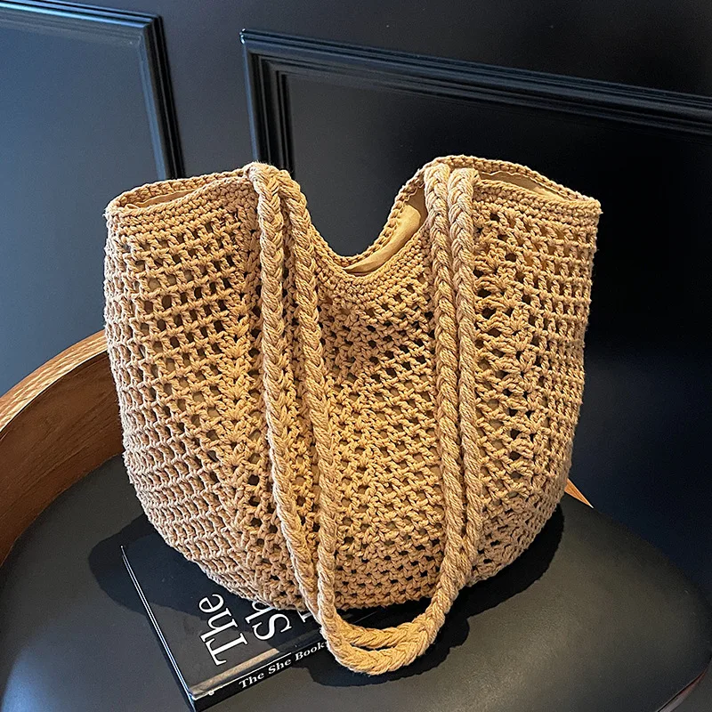 2026 Summer New Hollow-out Bucket Bag Single Shoulder Handbag Woven Bag Large Capacity Fashionable Beach Bag for Women