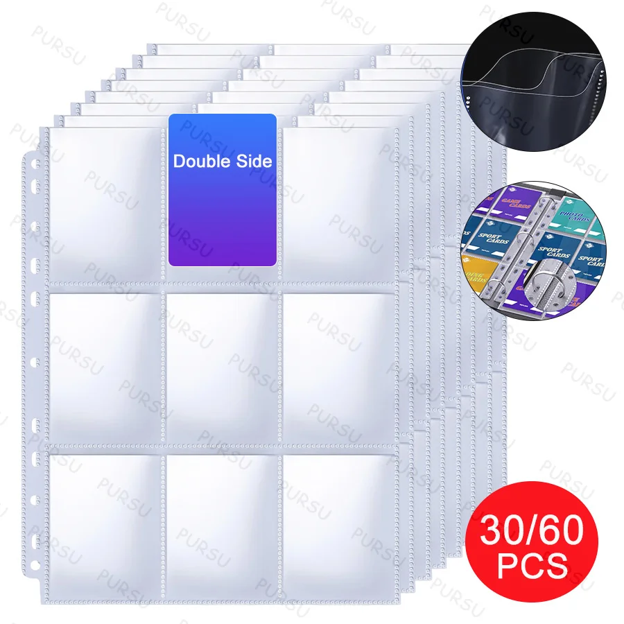 11 Hole Double-Sided 9 Pocket Clear Page Protector,Top Loading,30/60Pcs Trading Card Sleeve Pages,For Sports&Game Cards Photos