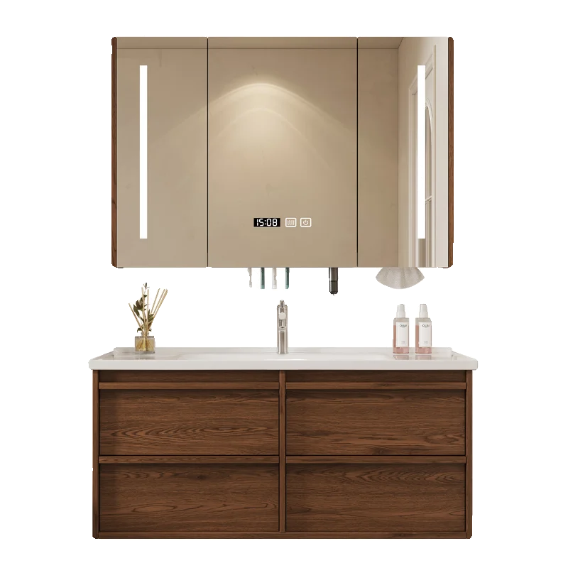 

Corian ceramic integrated basin rubber wood paint-free medium antique walnut hanging bathroom cabinet
