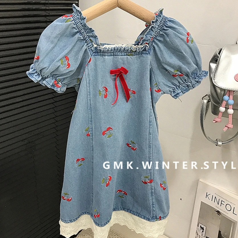 

Girls Skirt 2025 Summer New Children's Clothing Korean Style Girls Baby Cherry Embroidery Cowboy Dress Casual Simple Daily