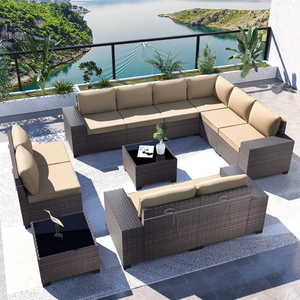 Outdoor Patio Furniture Set 12 Pieces Sectional Rattan Sofa Set Brown PE Rattan Wicker Patio Set with 10 Sand Seat Cushions