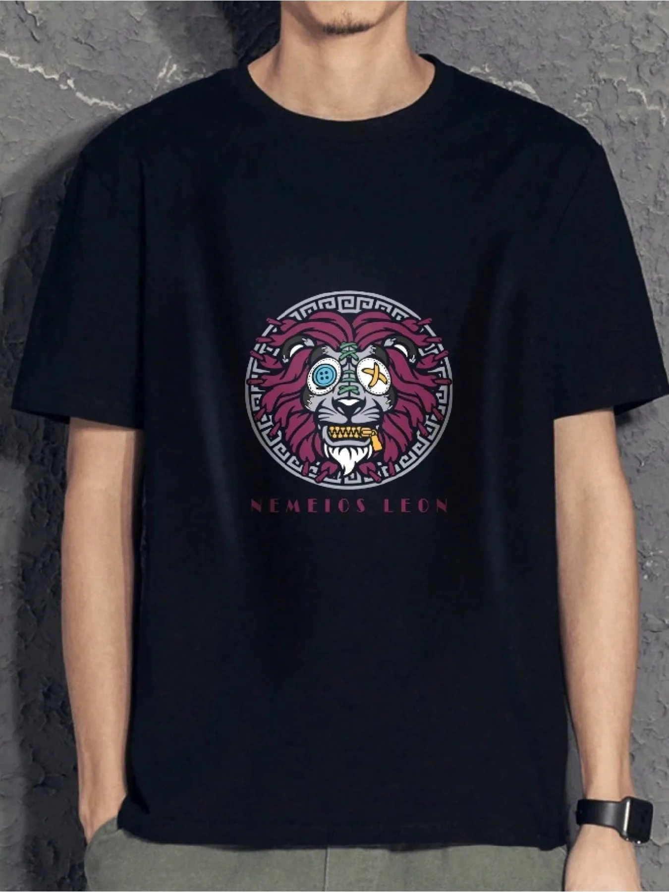 [Прочная] Мужская повседневная футболка с принтом монстров — стильная футболка с круглым вырезом, стандартный крой, 100% хлопок, черная футболка с рисунком Cernics Leon