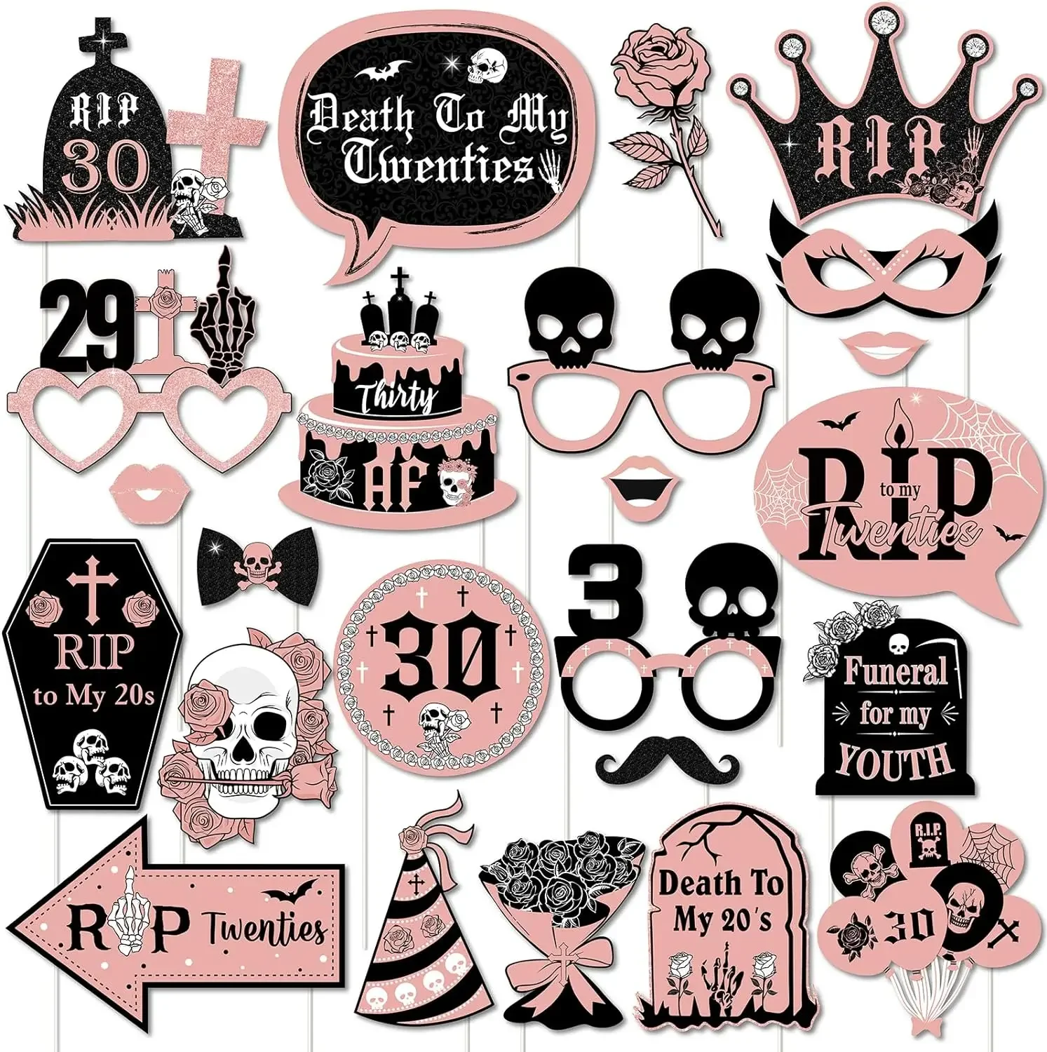 Birthday Photo Booth Props, Birthday Decor, Death To My 20s Decorations for 30th Birthday Party Supplies, Rip Twenties, 24Pcs