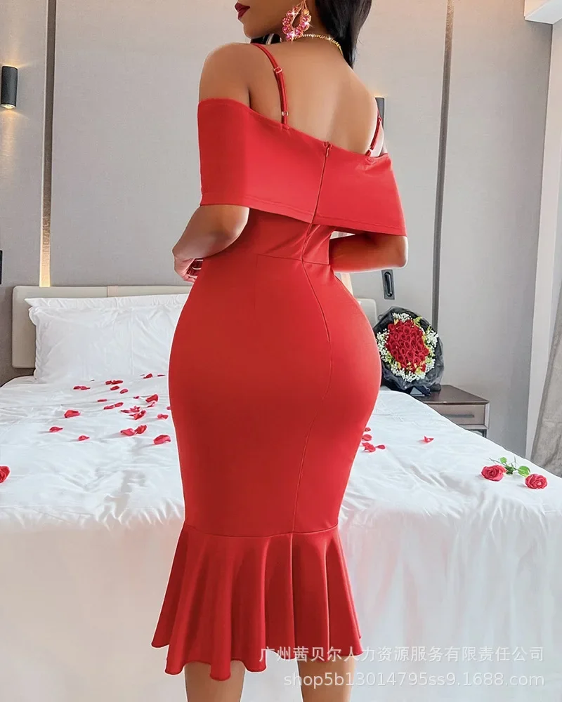Women Fishtail Dress Mid Length Dresses Sling Bodycon Elegant Party High Waist Slim Club Night Sexy Vestidos Streetwear Y2k Tops