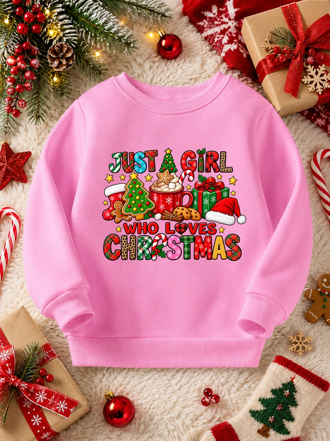 Girls Christmas Crew Neck Sweatshirt, 100% Cotton Cute Cartoon Print Kids Long Sleeve Tops, Autumn Winter Girls Holiday Pullover