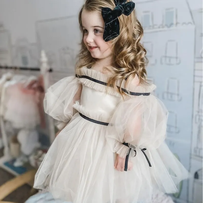 Baby Girl Princess Off Shoulder Tutu Dress Long Sleeve Child Vintage Gauze Tulle Vestido Party Wedding Birthday Frocks 1-14Y