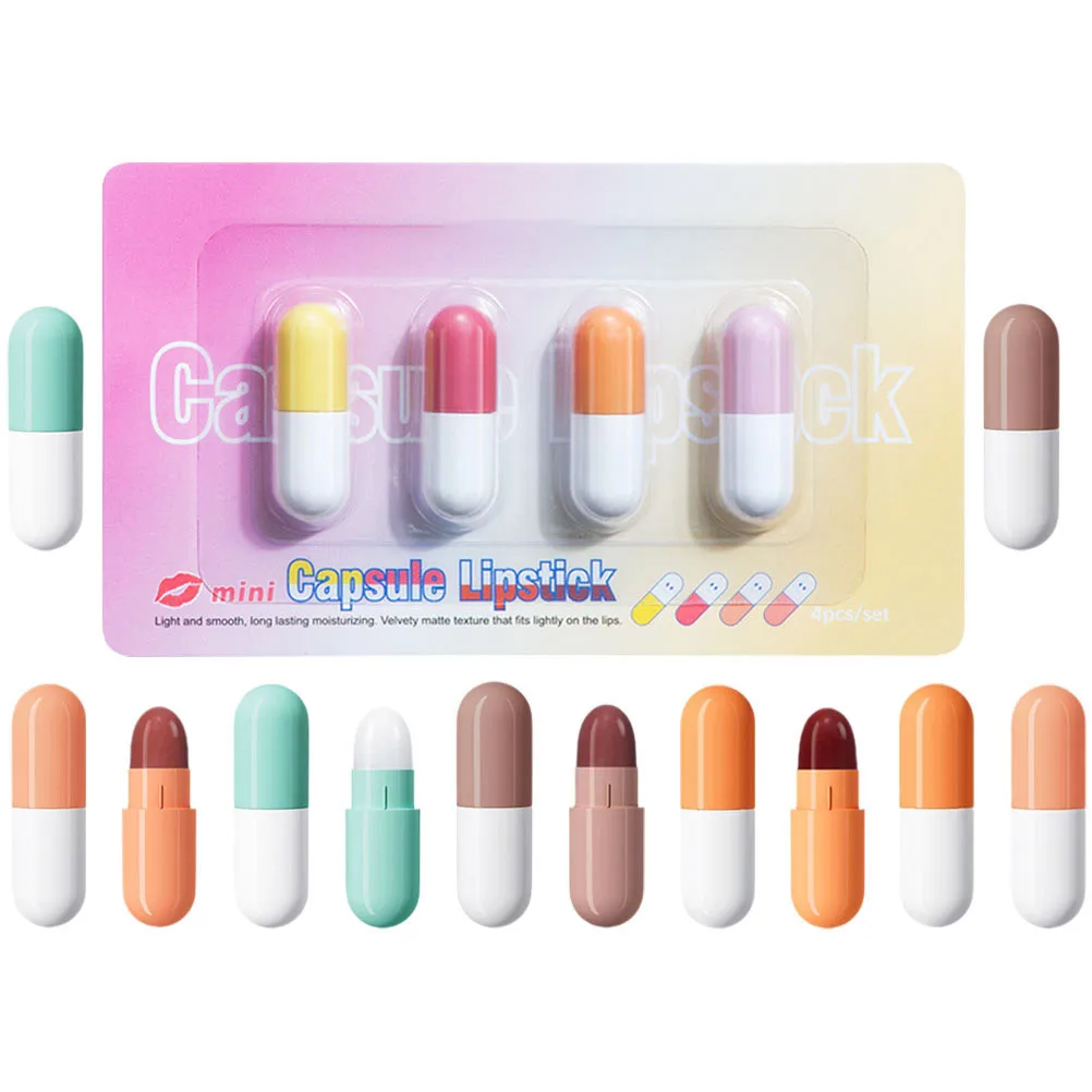 Ensemble de rouges à lèvres mats en forme de pilule, maquillage coréen, Styles polyvalents, sûr pour la peau, effet hydratant, Mini rouge à lèvres, 4 ensembles