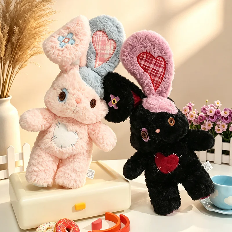 Gothic Kawaii Patchwork Bunny Plush Toy Mismatched Ears Stitched Heart Rabbit Stuffed Animal Doll Cute Kids Gift Home Decor