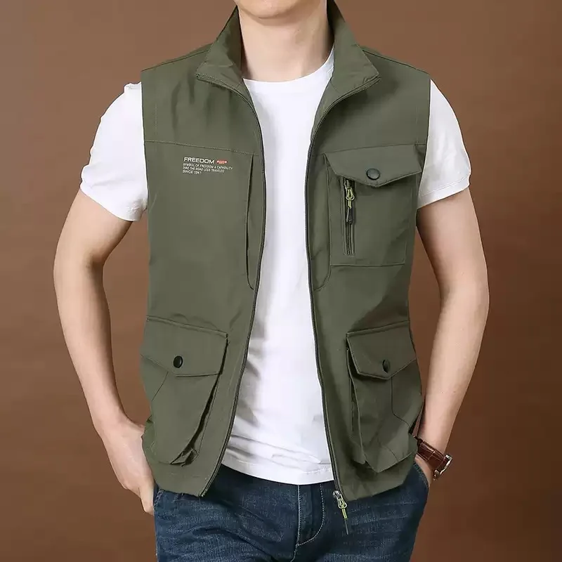 

Spring Autumn Men's Solid Letter Printing Pocket Zipper Button Pocket Vacation Cardigan Tank Top Vest Coat Fashion Casual Tops