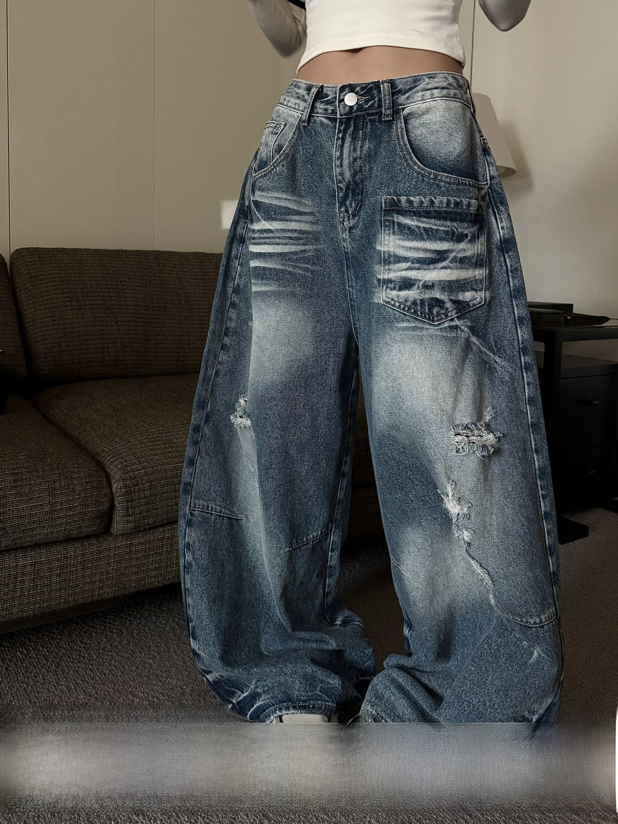 

Wild Zero American Retro Waed Denim Jeans Women's Low Waist Loose Wide Leg Banana Pants Casual Sle Spring Summer Cotton