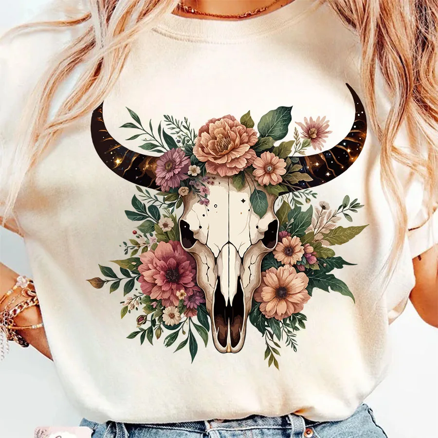 Trendy Boho Floral Bull Skull Western Iron-On Heat Transfer Stickers Decals for T-shirts Sweatshirts Bag Clothing Fabric Decor