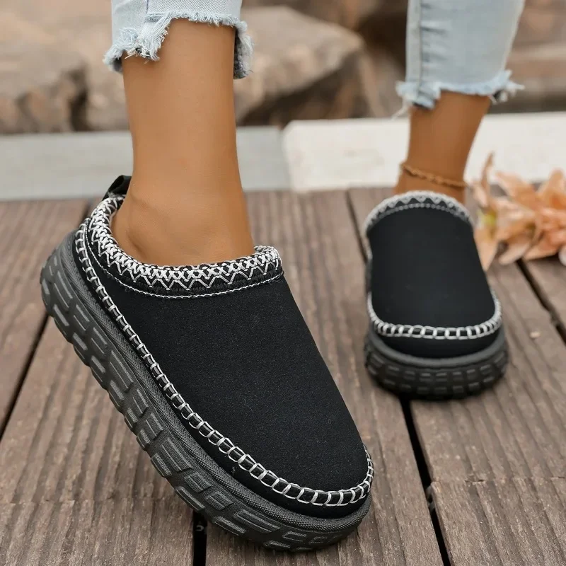 Winter Deep Mouth Warmth One Slip Baotou Colorblock Fleece Snow Boots Platform Tire Lazy Slippers Anti-slip