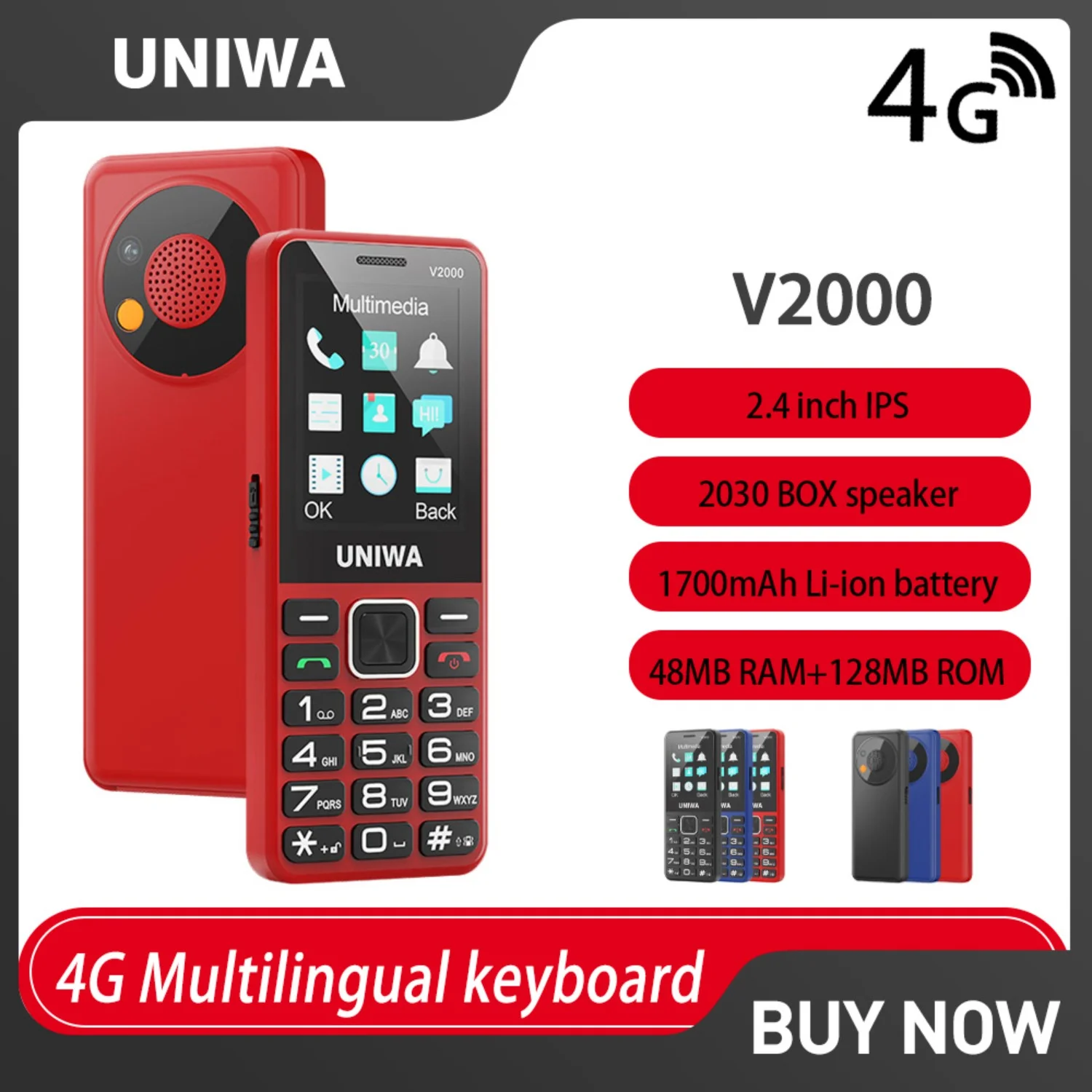 UNIWA V2000 Ponsel Fitur 4G dengan Tombol Besar Layar 2.4 Inci Volume Keras Dual SIM 1700mAh Keyboard Rusia untuk Lansia SOS BT V5.0
