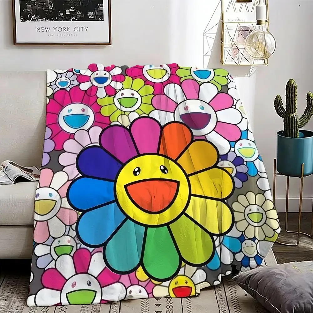 Smiling Flower Artwork Takashi Murakami Throw Lightweight 240g Flannel Blanket Soft Skin-friendly for Summer Cooling