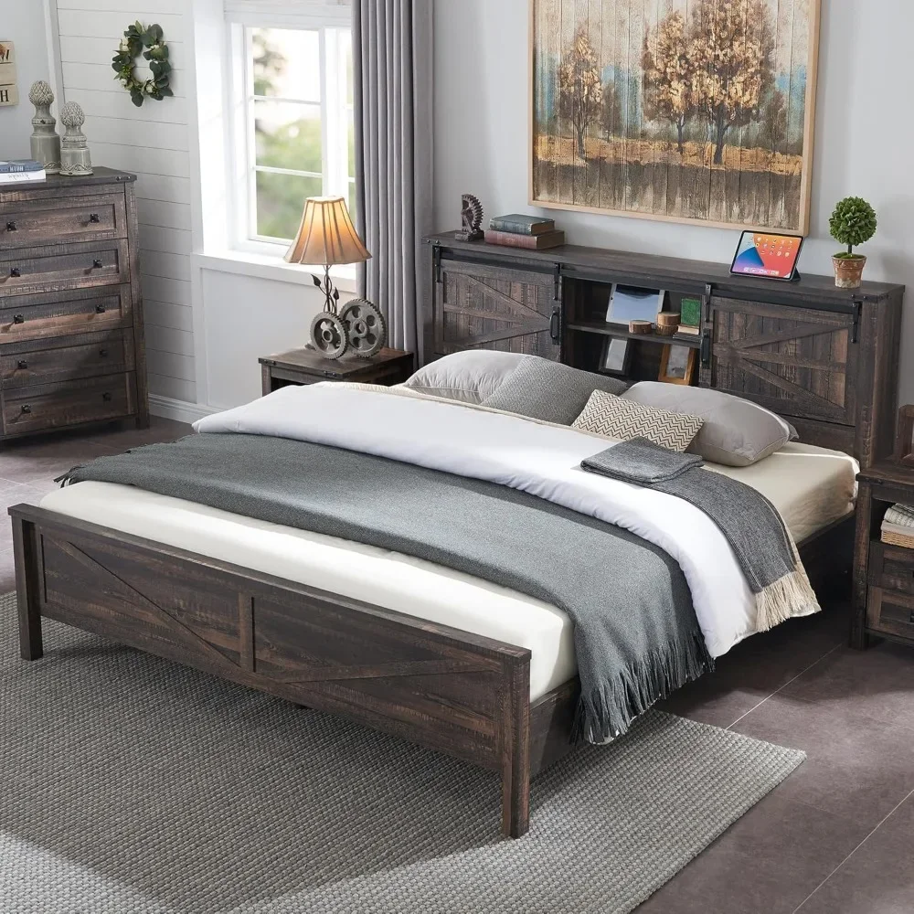 Queen Bed Frame with Bookcase Headboard Sliding Barn Door Charging Station, Wood Slats Support, No Box Spring Needed，Bed Frame