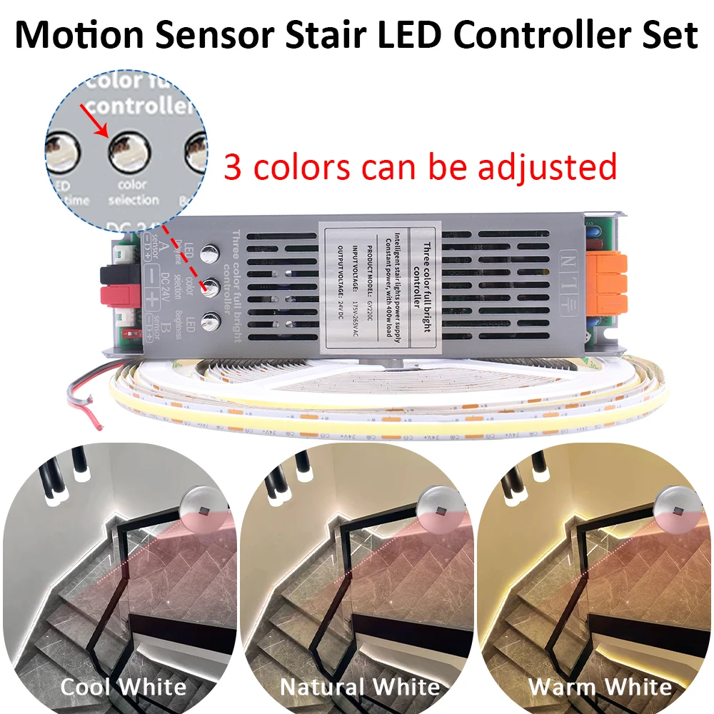 

3Colors CCT Motion Sensor Stair LED Strip Light DC24V 2Wire 2in1 Controller Natural Warm Cool White Flexible Ribbon Tamp Lamp