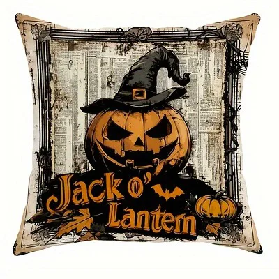 ديكور ديل هوغار: Funda de cojín con patron de linterna de calabaza y gato espeluznante de Halloween، Adekara para sofá