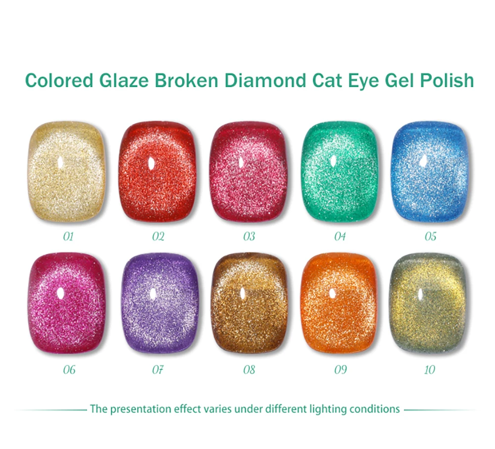 Vendeeni 10-Farben Glitzer-Brokkoli-Katzenaugen-Gel-Nagellack-Set, Glänzender Magnetischer UV-Soak-Off-Katzenaugen-Gel-Lack mit Display – Detail 14
