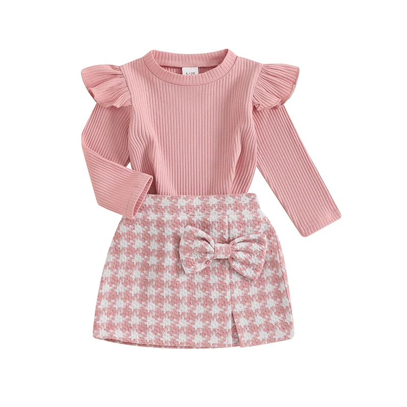 

Kids Girls Skirt Set Long Sleeve Crew Neck T-shirt with Houndstooth Bow Skirt 2-piece Outfit