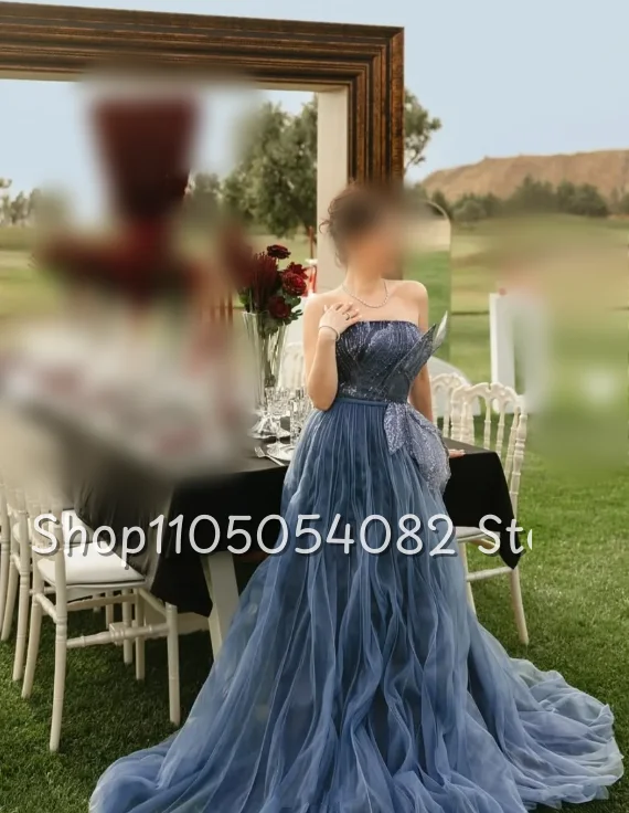 Vestido de novia azul tubo único, lentejuelas sin tirantes, flor estereoscópica, línea A, plisado y suelo, vestido de novia personalizado