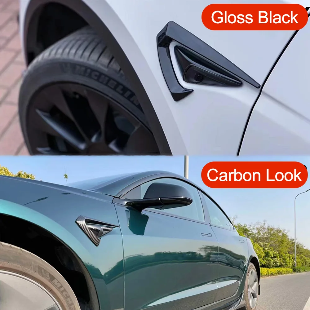 For Tesla Model 3/Y 2021-2023 Side Front Bumper Wind Knife Camera Protection Cover2PCS Carbon Look Gloss Black Auto Accessories