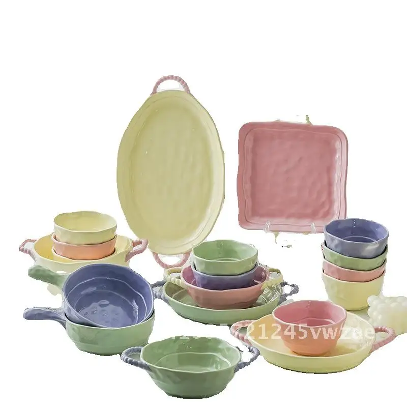 

Color matching ceramic handle bowl baking bowl with handle instant noodle bowl atmosphere high color value salad fruit yogurt