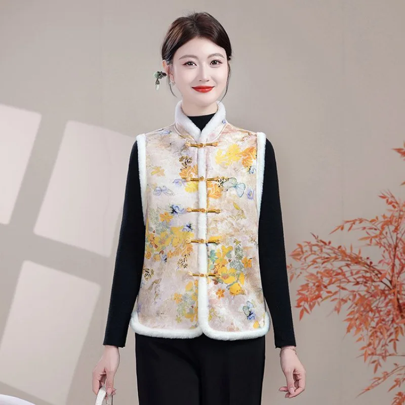 

Women's Vintage Chinese Vest Winter Warm Sleeveless Coat Fur Trim Tang Style Jacket Thick and Warm Waistcoat