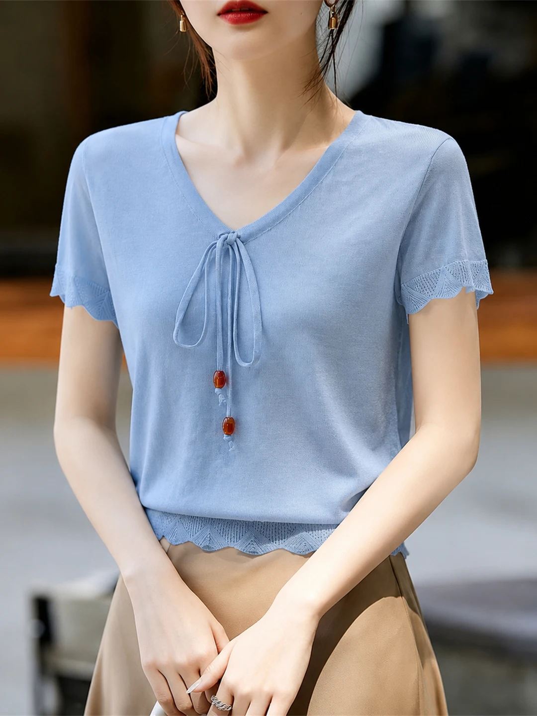 Korean Style V-Neck Knitted Short Sleeve T-Shirt Summer Fashion Commute Loose Feeling Small Shirt Top Women Casual Straight Cut