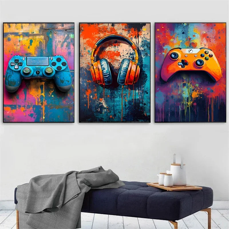 3pcs Graffiti Game Controller Headphones Prints Poster Gaming Decorative Canvas Painting Boy Bedroom Gamer Room Wall Art Decor