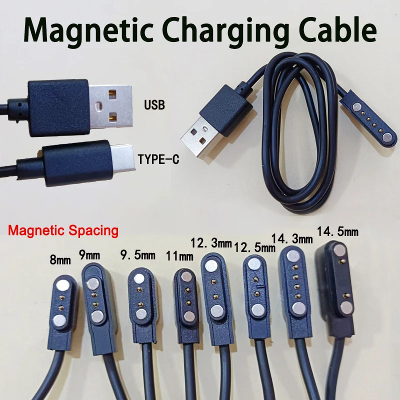 Magnetic Charging Cable for Smart Watch 2/4/5Pin 8-14.5mm Spacing USB/Type-C Charger Wire for Adult/Kids Smartwatch