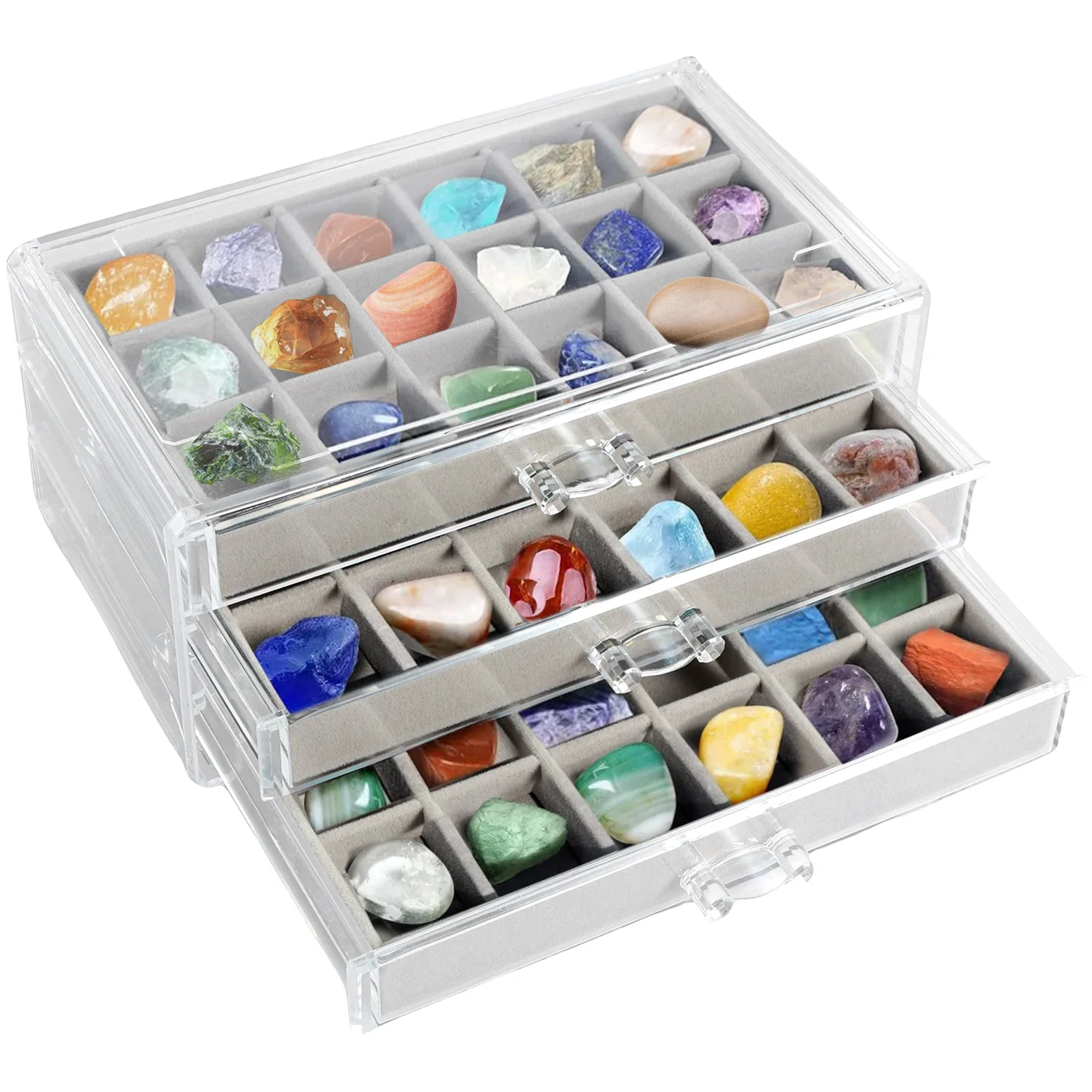 Rock Display Case 54 Grid Rock Collection Box 3 Drawers Rock Collections Storage Acrylic Clear Crystals Display Organizer