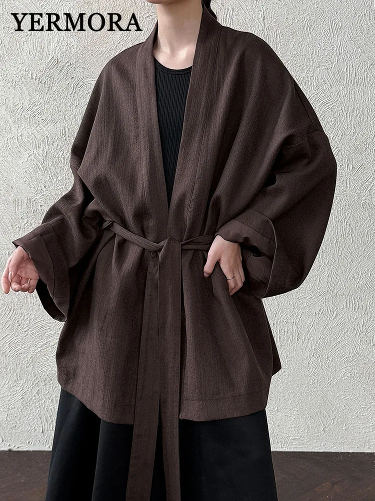 

YERMORA Coffee Belted Brief Casual Trench For Women V-neck Long Sleeve Loose New Windbreaker Fashion Tide Spring Autumn 2025
