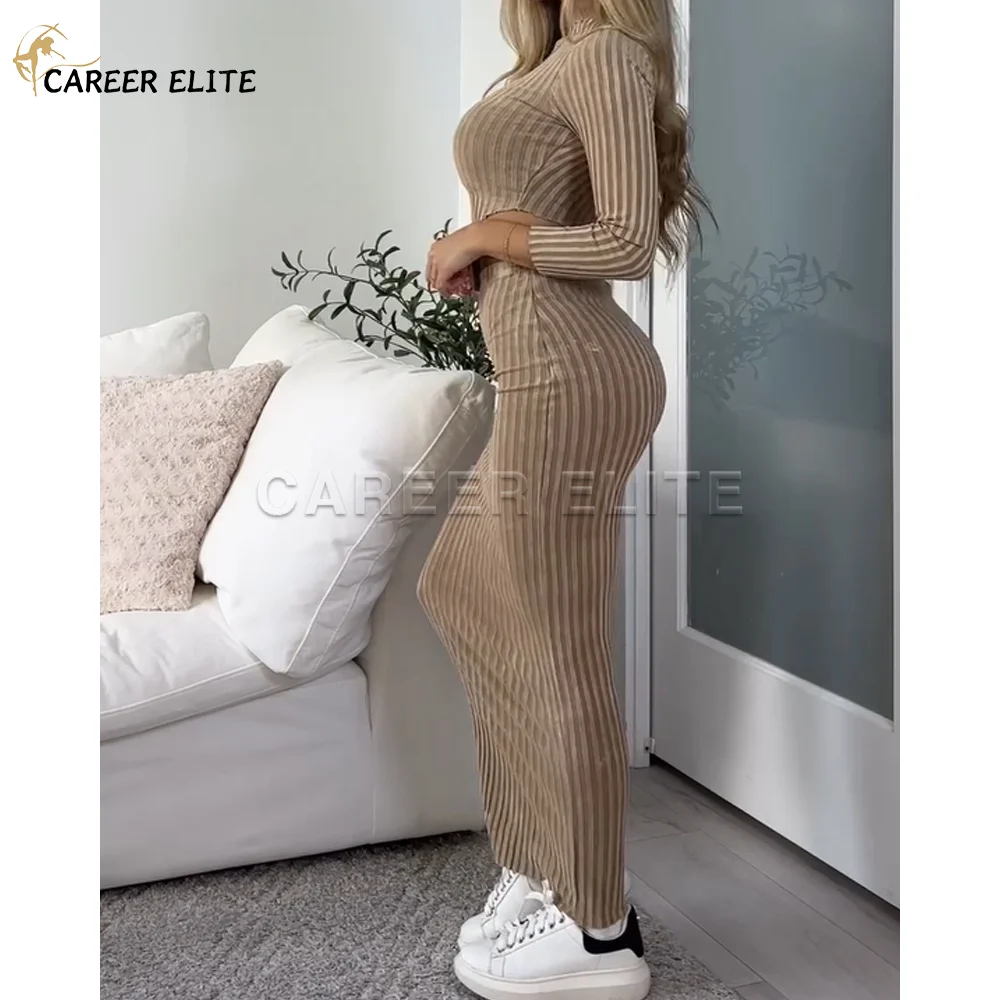 

Women's Set Dress Sexy Fashion Solid Color Streetwear Elegant Ladies Slim Fit Tight Skirt Holiday Long Sleeved Two Piece Sets