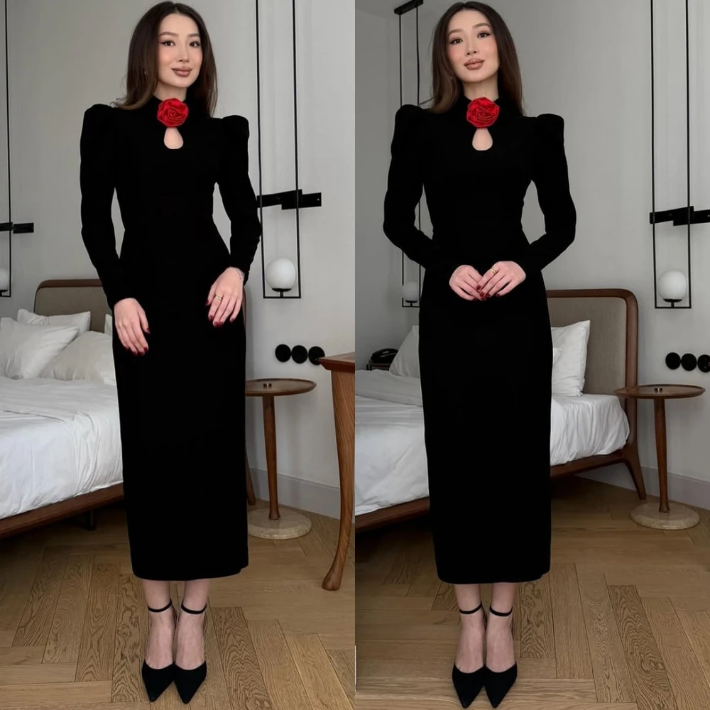 Элегантное вечернее платье из джерси с длинными рукавами по индивидуальному заказу, нежные платья для выпускного вечера с высоким воротником, изысканные цветы, платья для особых случаев