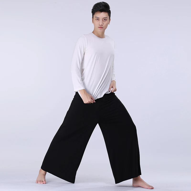 Man adult Latin Dance black gray wide leg pants Tango Cropped trousers Cha Salsa rumba modern Dance wear Yoga Modal DA013