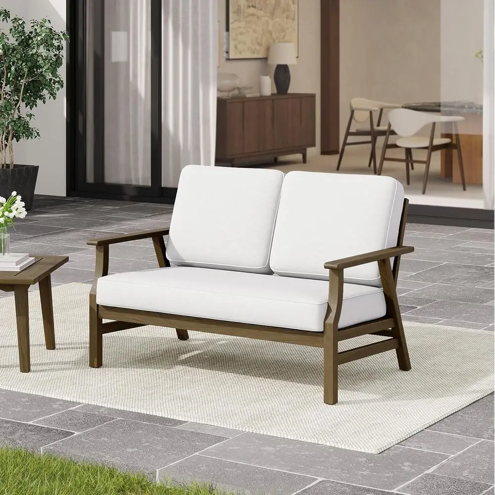 

Outdoor Bench with Cushions, 2-Person Teak Wood Patio Bench, Weatherproo Heavy Duty Solid Wooden e armhouse Bench or ront Porch