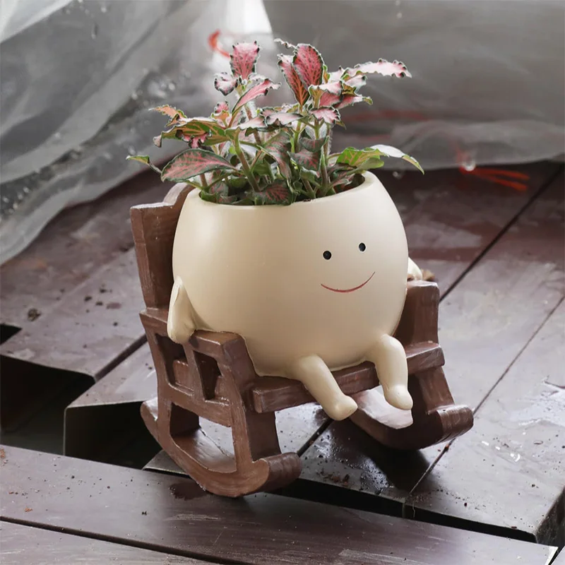 Mini Rocking Chair Smiley Face Flower Pot Creative Succulent Planter Cute Resin Plant Pot for Indoor Balcony Decor