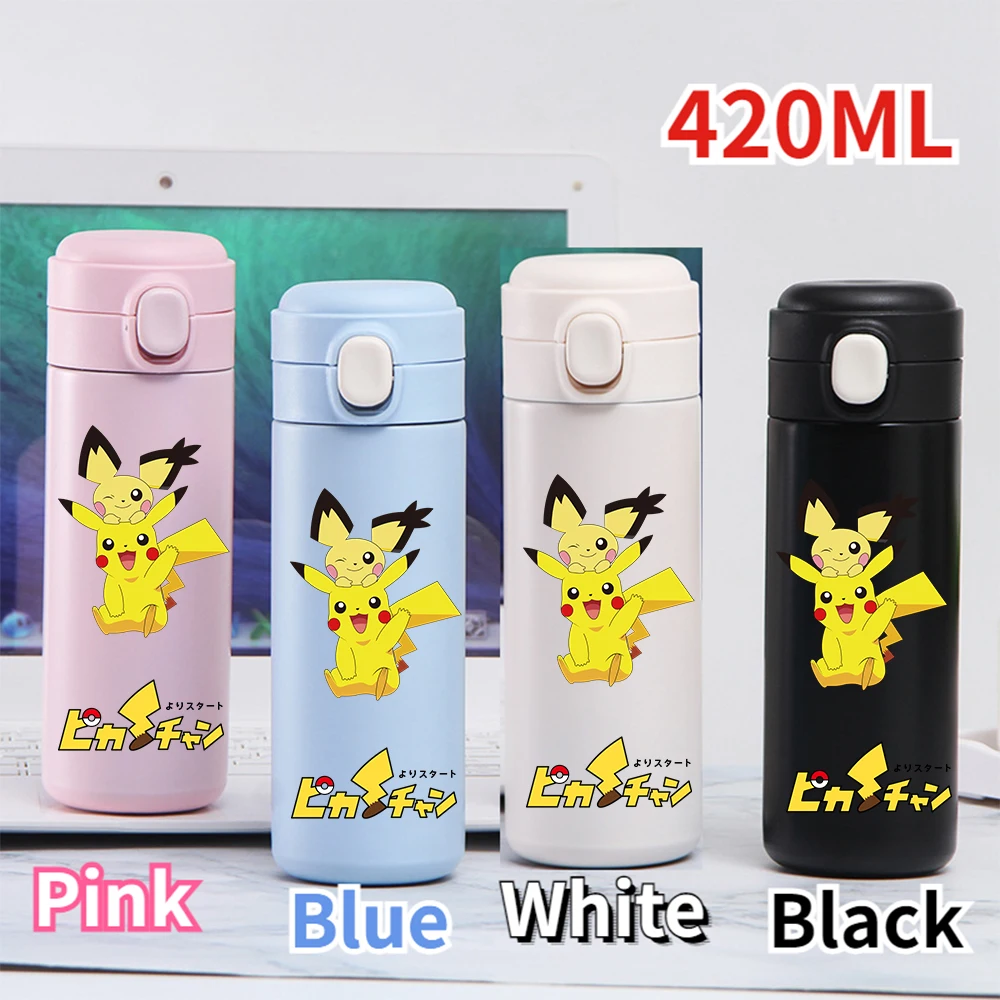 420ML Pokemon White pink Blue Black Thermos Stainless Steel Cup Outdoor PortableCamping Travel Water Cup Pikachu Ash Ketchum