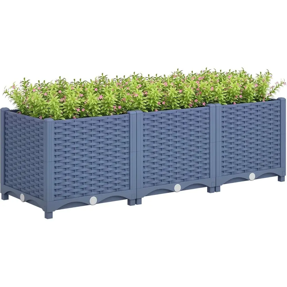 Outsunny 4 x 1 x 1 t Raised Garden Bed, Indoor Outdoor Plastic Planter Box with Drainage Holes, Drain Plugs and Water Reservoirs