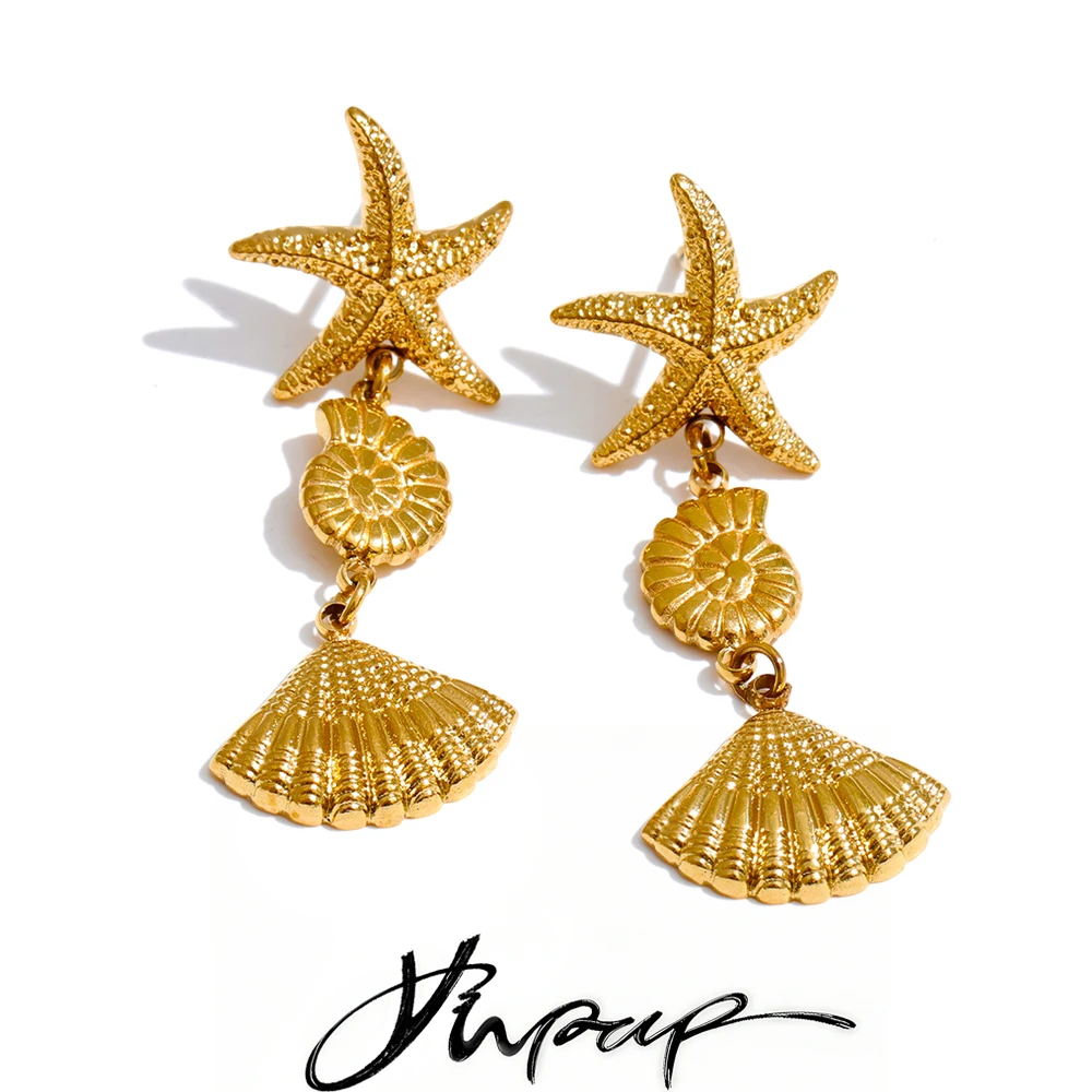 Yhpup Ozean-Stil, Edelstahl, Metall, Muschelschale, Seestern, Tropfen-Ohrringe, Sommer, Strand, Alltag, Modeschmuck